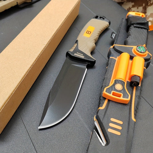 9.6-Inch Outdoor Fixed Blade Knife with Multi-Function Sheath - Black & Orange Straight Knife for Wilderness Exploration, Canyon Traversing, Mountain Hiking & Hunting, Designed for Men