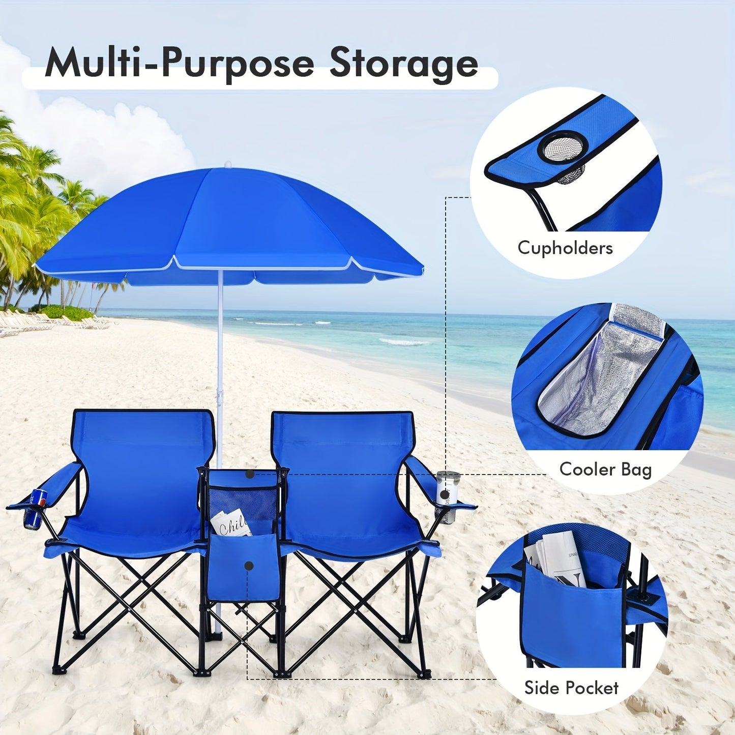 2-Person Folding Beach Chair Set with Umbrella, Table & Cooler Bag – Compact Collapsible Picnic Chair for Beach, Camping & Outdoor Outings, 270 lb Capacity Per Seat