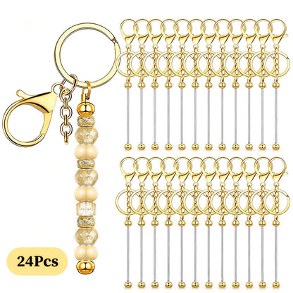Stainless Steel Beadable Keychain Blanks DIY Kit – 12 & 24pcs Metal Keyring Pendants with Charms for Crafting, Christmas & Halloween Gifts, Gold, Silver & Rose Gold