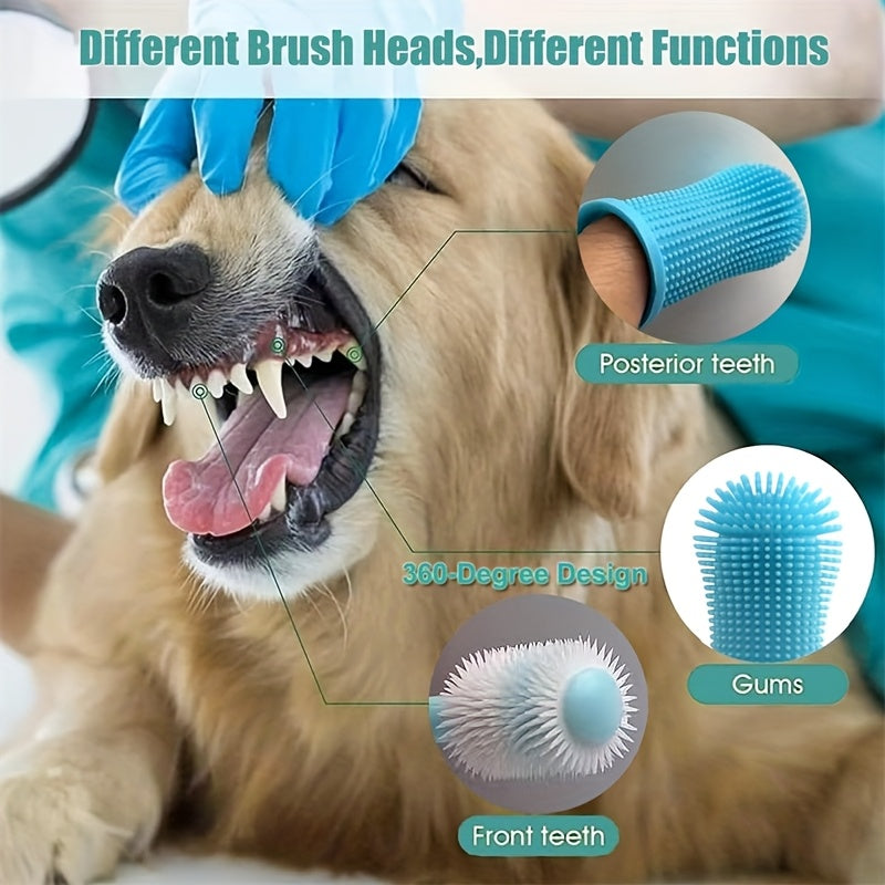 3-Piece Pet Dental Care Silicone Toothbrush Set 360° Finger Brush & Micro-Ciliated Brush for Dogs & Cats Soft Gentle No Battery Required