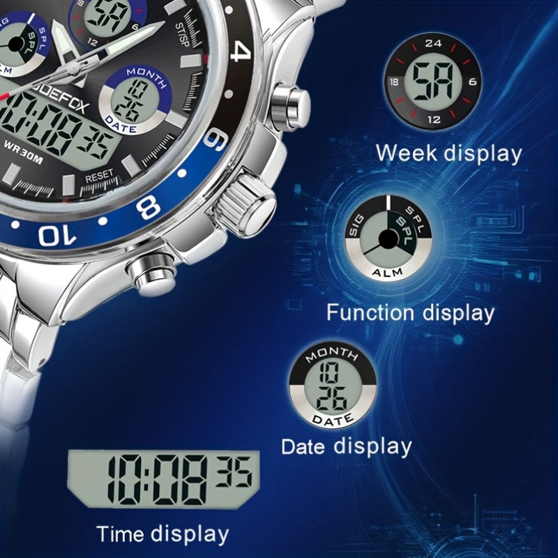 Men's Vintage Business Chronograph Watch with Steel Band – Dual Movement Waterproof Wristwatch with Band Adjustment Tool Father's Day Birthday Gift for Men