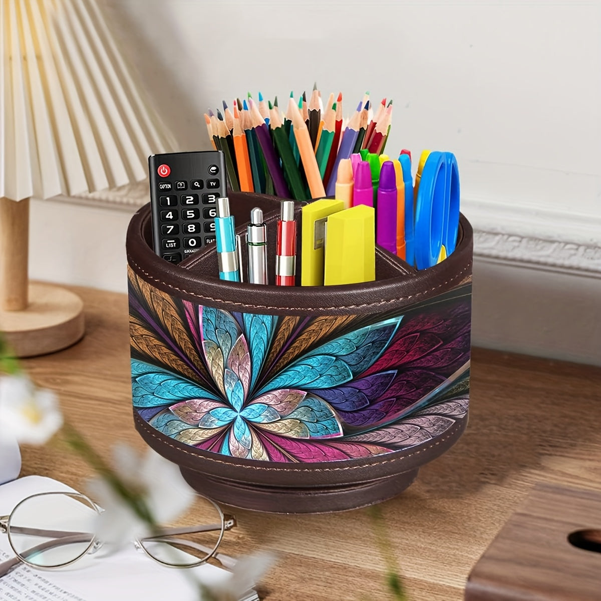 360° Swivel Pen Holder with 4 Compartments – PU Leather Rotating Desk Organizer for Office Supplies, Art Supplies, Remote Controls, Glasses & Accessories, Stylish Pencil Case Storage Box