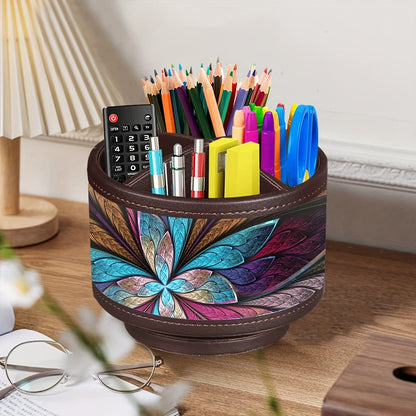 360° Swivel Pen Holder with 4 Compartments – PU Leather Rotating Desk Organizer for Office Supplies, Art Supplies, Remote Controls, Glasses & Accessories, Stylish Pencil Case Storage Box