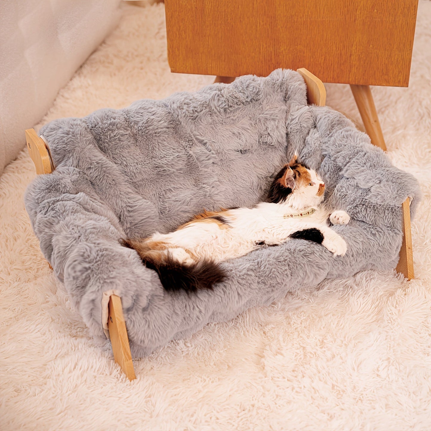 Elevated Pet Sofa Bed Solid Wood Dog Cat Lounge Chair with Bamboo Mat Modern Pet Furniture for Small Medium Dogs Cats Sturdy Stylish Gray White
