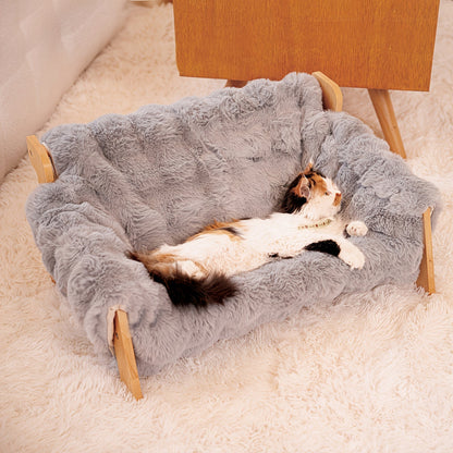 Elevated Pet Sofa Bed Solid Wood Dog Cat Lounge Chair with Bamboo Mat Modern Pet Furniture for Small Medium Dogs Cats Sturdy Stylish Gray White