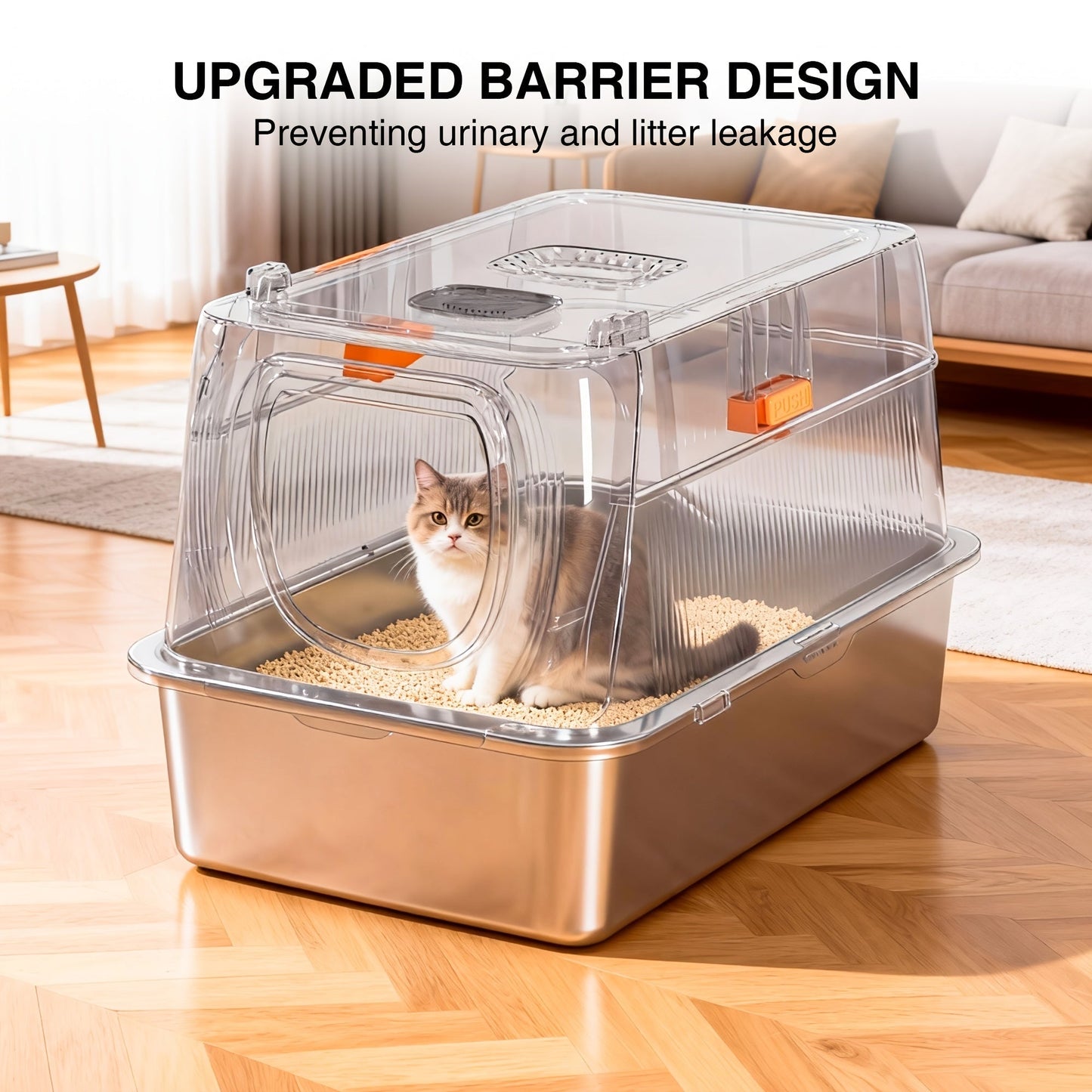 Oversized Enclosed Stainless Steel Cat Litter Box with Lid, Collapsible Anti-Splash Covered Indoor Cat Toilet with Front Flap Door & Superior Odor Control