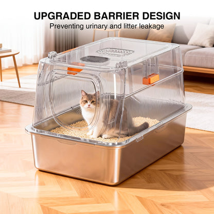 Oversized Enclosed Stainless Steel Cat Litter Box with Lid, Collapsible Anti-Splash Covered Indoor Cat Toilet with Front Flap Door & Superior Odor Control