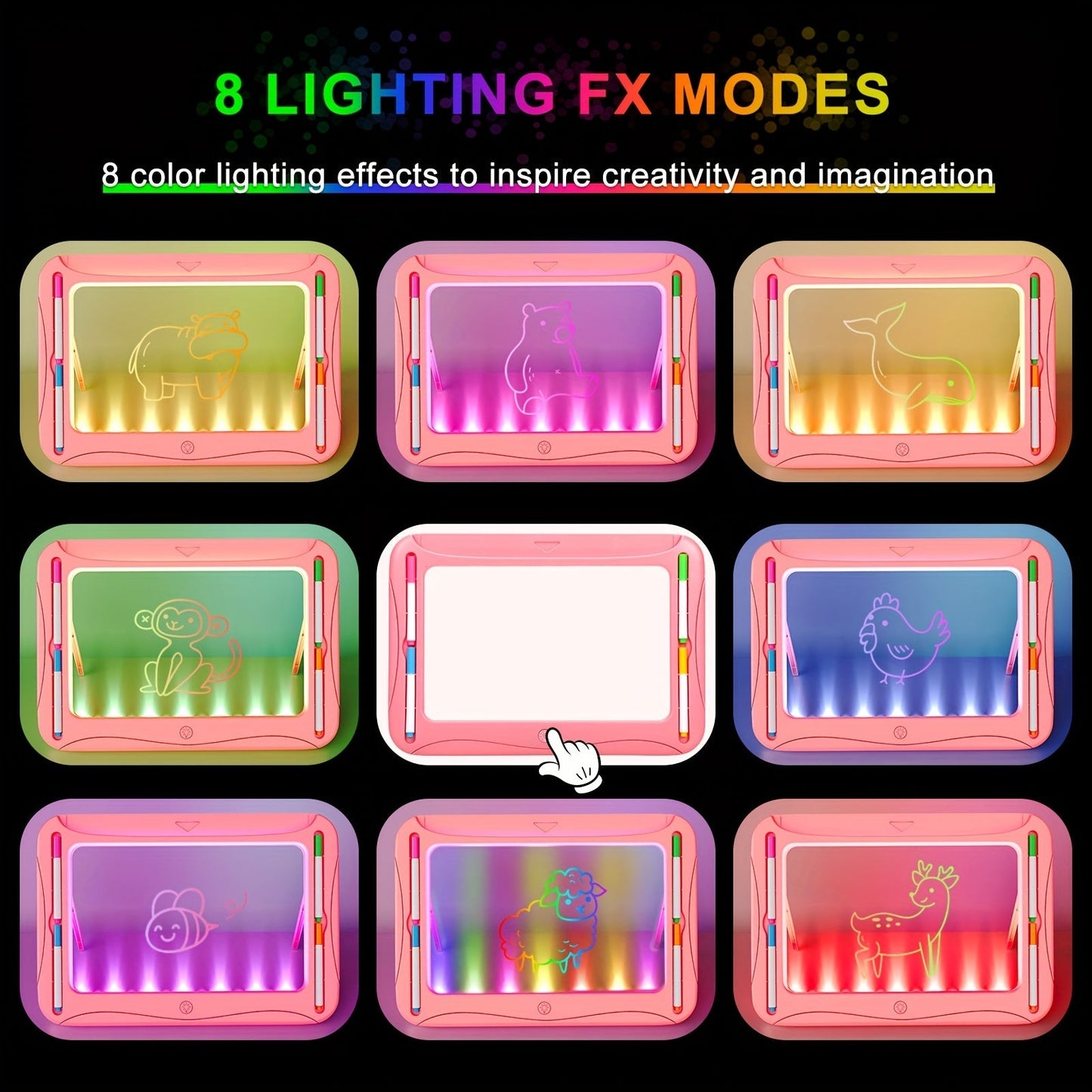 LED Light-Up Drawing Doodle Board for Kids Ages 3-8 – Glow Writing Art Set with 9 Double-Sided Cards & 6 Markers, Educational Learning Travel Toy, Birthday & Christmas Gift for Girls Boys
