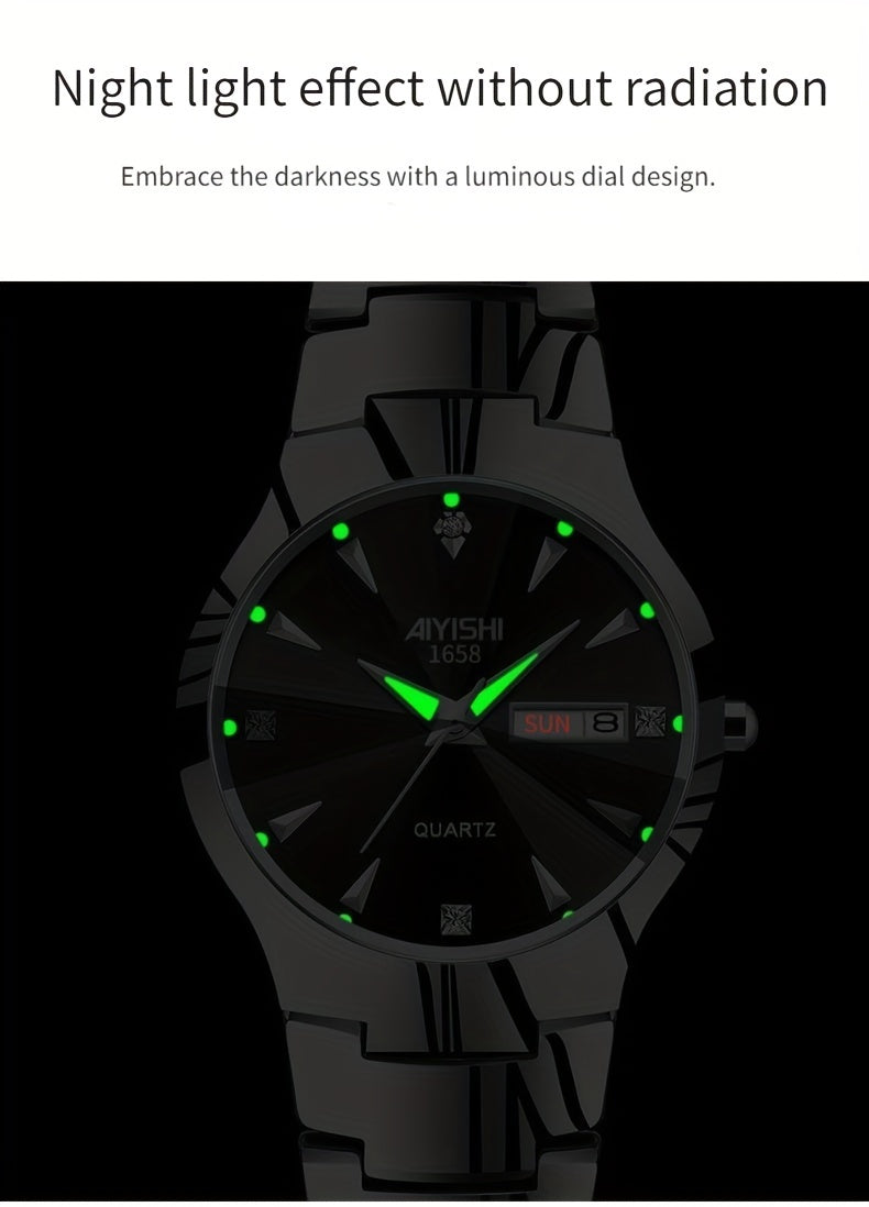 Men's Luminous Quartz Business Watch with Dual Date Calendar – Elegant Zinc Alloy Case, Simple Trend Design, Dress & Casual Wear
