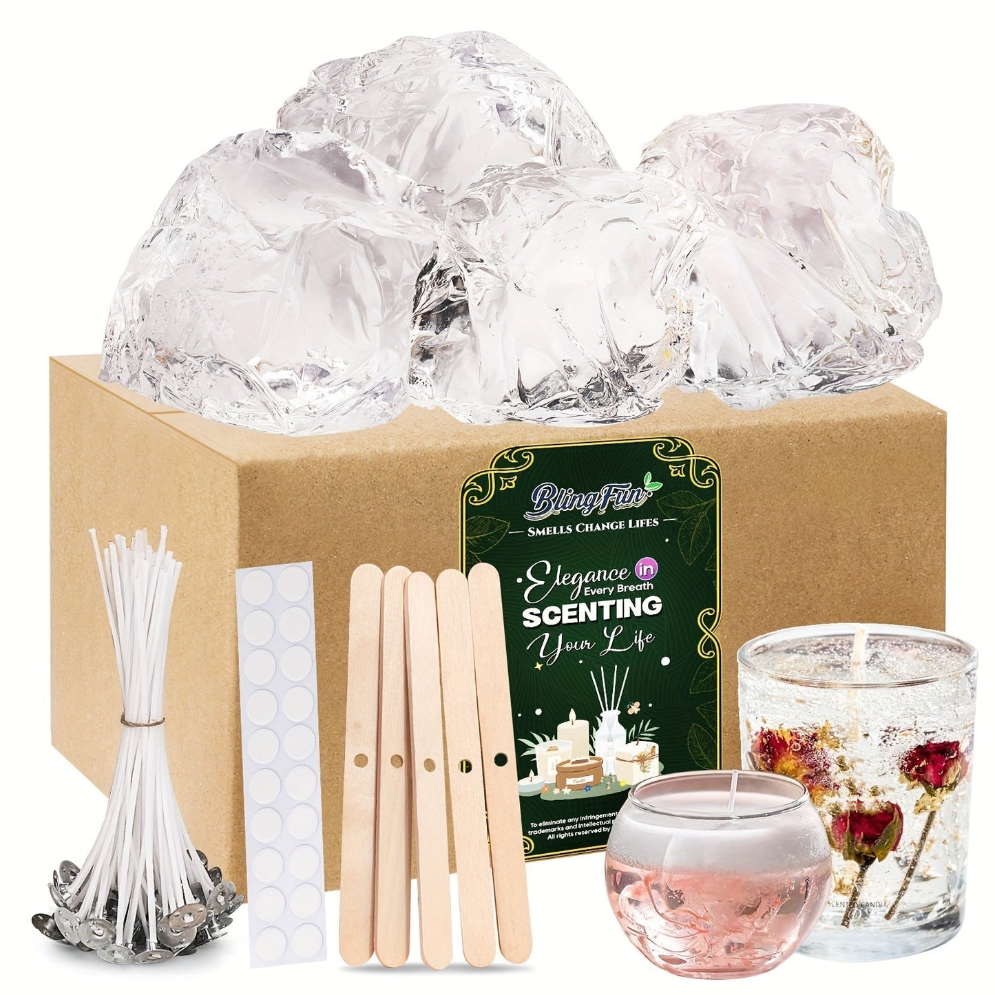 BlingFun Gel Candle Making Kit – 400g Clear Jelly Wax 4 Colors, 20pcs Pre-Tabbed Wicks, 20pcs Stickers, 5pcs Wick Holders, DIY Scented Candle Supplies for Beginners Home Decor Craft Gift