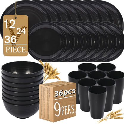 Wheat Straw Dinnerware Set – Reusable Eco-Friendly Plates Bowls & Cups, Dishwasher & Microwave Safe, Unbreakable, 12/24/36 Piece Sets for Camping Party Outdoor & Everyday Use
