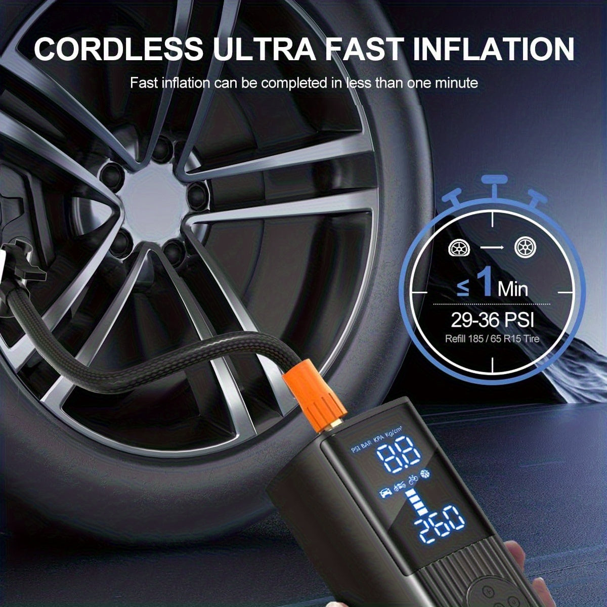 Portable Tire Inflator 210PSI Cordless with Digital Pressure Gauge, Rechargeable Battery & LED Light – Wireless Air Pump for Car, Motorcycle, Bicycle & Sports Balls – Velora
