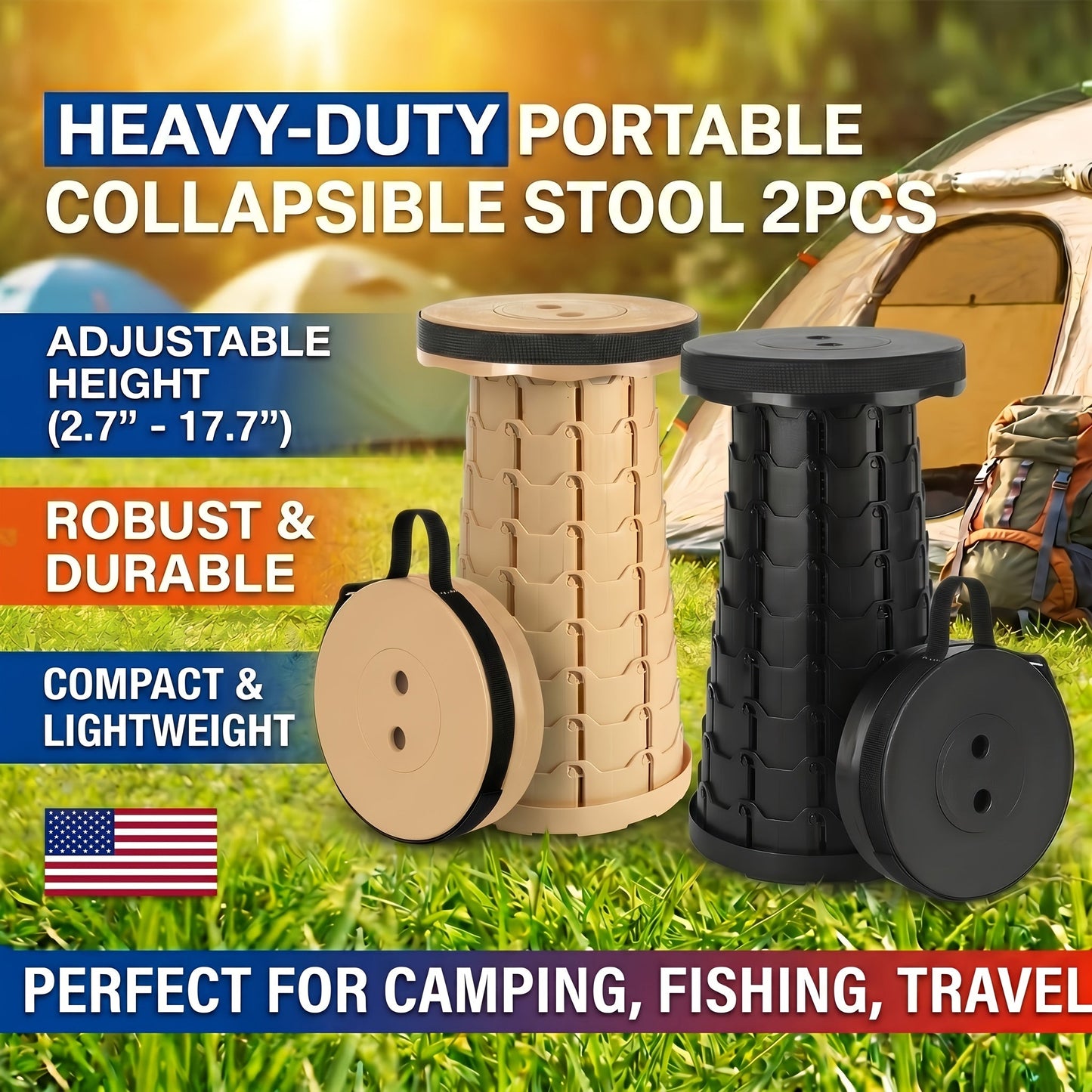 Collapsible Folding Stool 2-Pack Portable Lightweight 400LB Capacity - Retractable Camping Fishing Hiking Kitchen BBQ Indoor Outdoor Seat