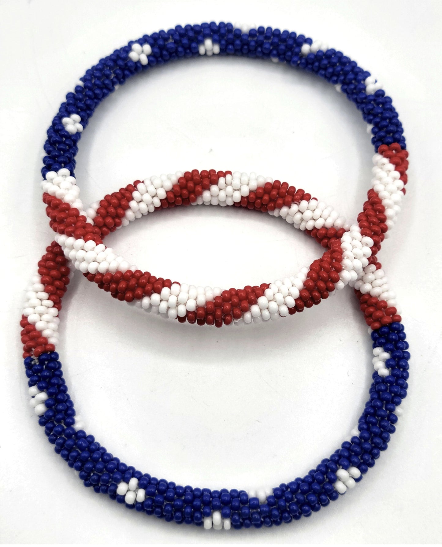 Set of 2 Handmade USA Flag Patriotic Glass Bead Bracelets – Boho Roll-On Crochet Bangles for Men & Women, Nepal Artisan Jewelry, Red White Blue Beaded Bracelet Set, 4th of July Gift