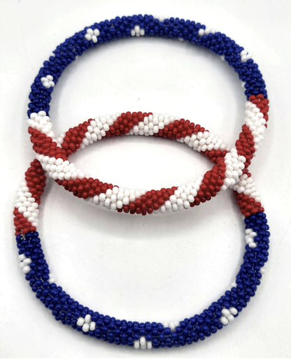 Set of 2 Handmade USA Flag Patriotic Glass Bead Bracelets – Boho Roll-On Crochet Bangles for Men & Women, Nepal Artisan Jewelry, Red White Blue Beaded Bracelet Set, 4th of July Gift