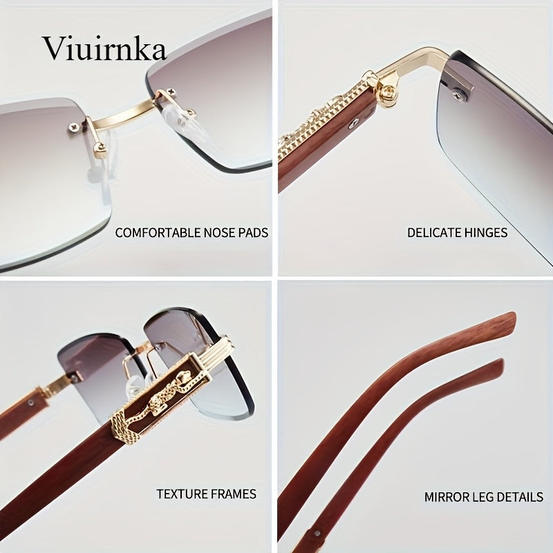 Vintage Rimless Rectangle Sunglasses for Women Men – Trendy Leopard Temple UV Protection Eyewear, 7 Lens Colors, Stylish Unisex Glasses for Outdoor, Driving, Travel, Parties & Daily Wear