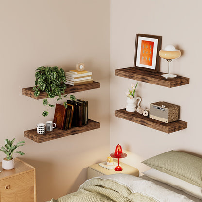 Floating Wall Shelves 15.8 Inch Rustic Finish with Invisible Brackets for Wall Decor Home Storage – 4 or 8 Pack in Rustic Brown Black Walnut
