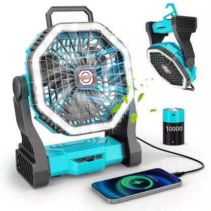 Rechargeable Portable Camping Fan with LED Light & Hanging Rope - 4-Speed USB Battery Powered Tent Fan for Outdoor Travel Indoor Home