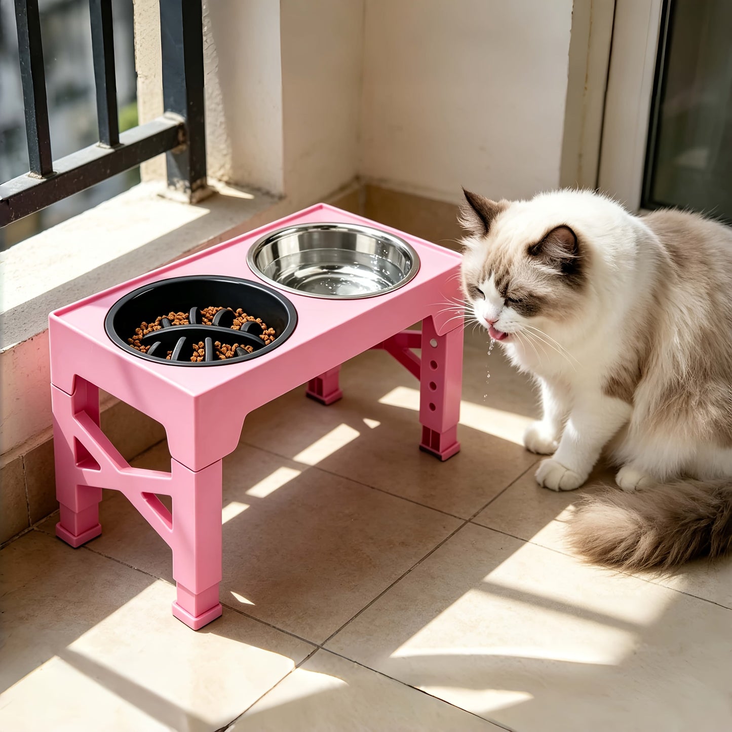 Height Adjustable Dog Bowl Stand with Slow Feeder & Stainless Steel Bowl – 5-Level Foldable Elevated Dog Food Bowl for Medium Large Dogs and Cats, Black & Pink