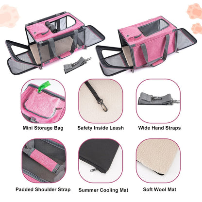 Airline Approved Pet Carrier Soft Sided – Breathable Collapsible Travel Bag for Cats & Small Dogs with Accessories Bundle Collar Bowls or Pet Glove 10 Colors Pink Blue Black Gray Navy Green Orange