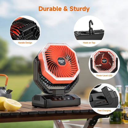 20000mAh Camping Fan with LED Light & Remote Control – 4-Speed Brushless Motor, 180° Oscillating Portable Outdoor Fan, 22-26 Hour Battery Life, 40 LEDs, Timer – for Camping, Hiking, Tent, Emergency & Home Use