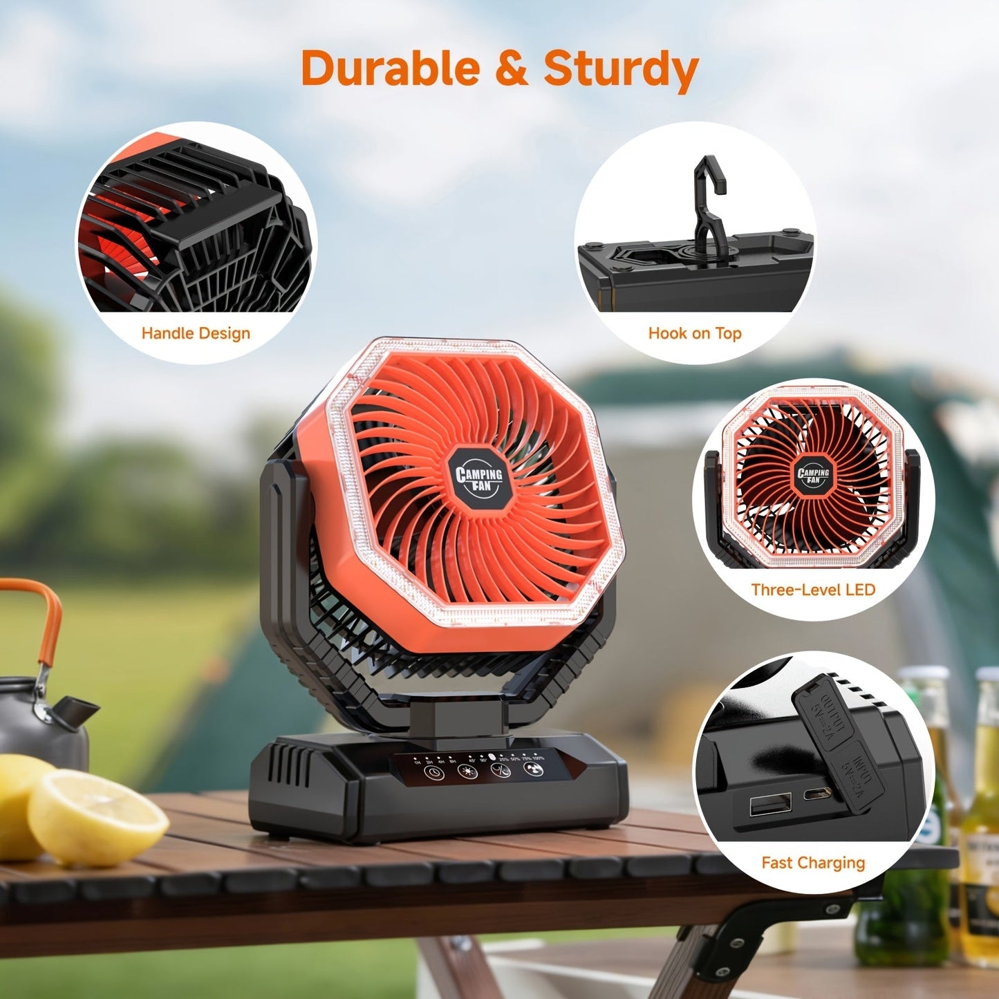 20000mAh Camping Fan with LED Light & Remote Control – 4-Speed Brushless Motor, 180° Oscillating Portable Outdoor Fan, 22-26 Hour Battery Life, 40 LEDs, Timer – for Camping, Hiking, Tent, Emergency & Home Use