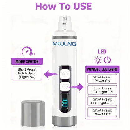 Quiet Dog Nail Grinder with LED Light – 3-Speed Rechargeable Electric Pet Nail Trimmer Kit, Painless Paw Grooming for Small Medium Large Dogs & Cats