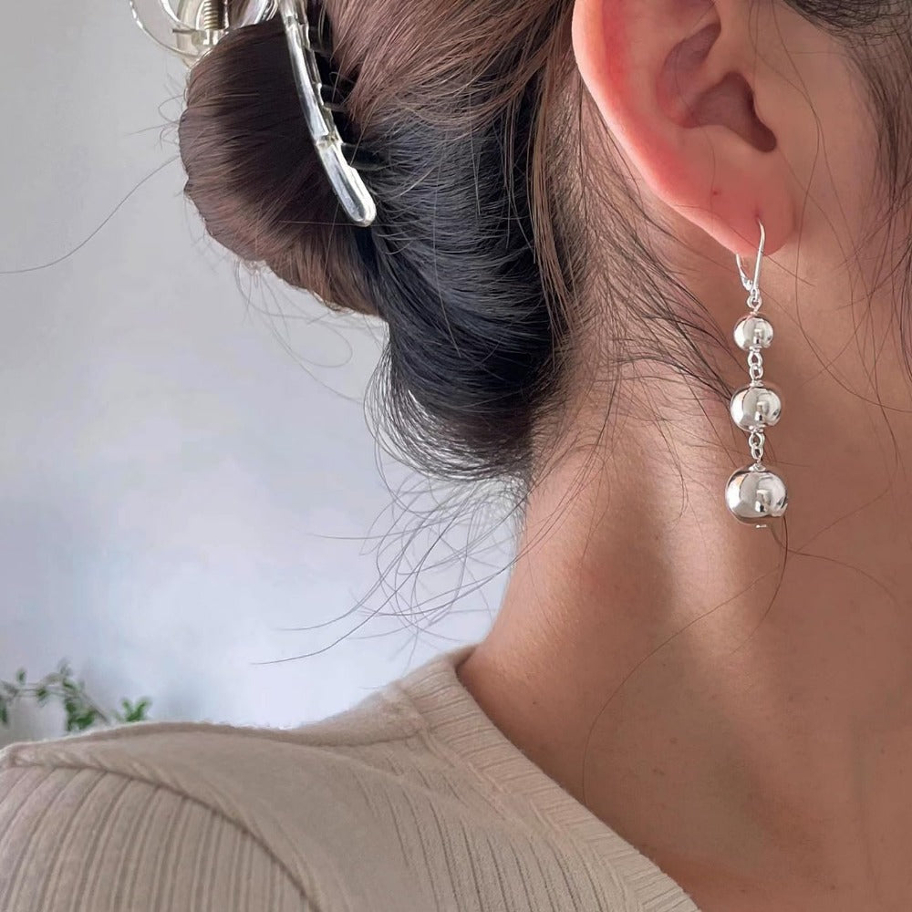 S925 Sterling Silver Triple Ball Drop Dangle Earrings for Women – Retro French Long Design, Elegant Vintage Style, Gold & Silver Tone