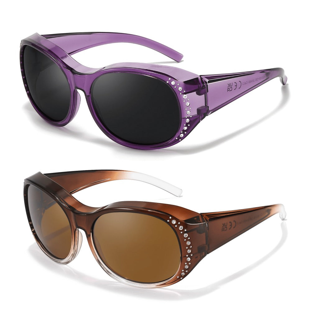 2-Pack Women's Polarized Fit Over Glasses for Prescription Eyeglasses – Rhinestone Accent Wraparound Sunglasses, Anti-Glare Polarized Lenses, No Adapter Needed, Multiple Color Options