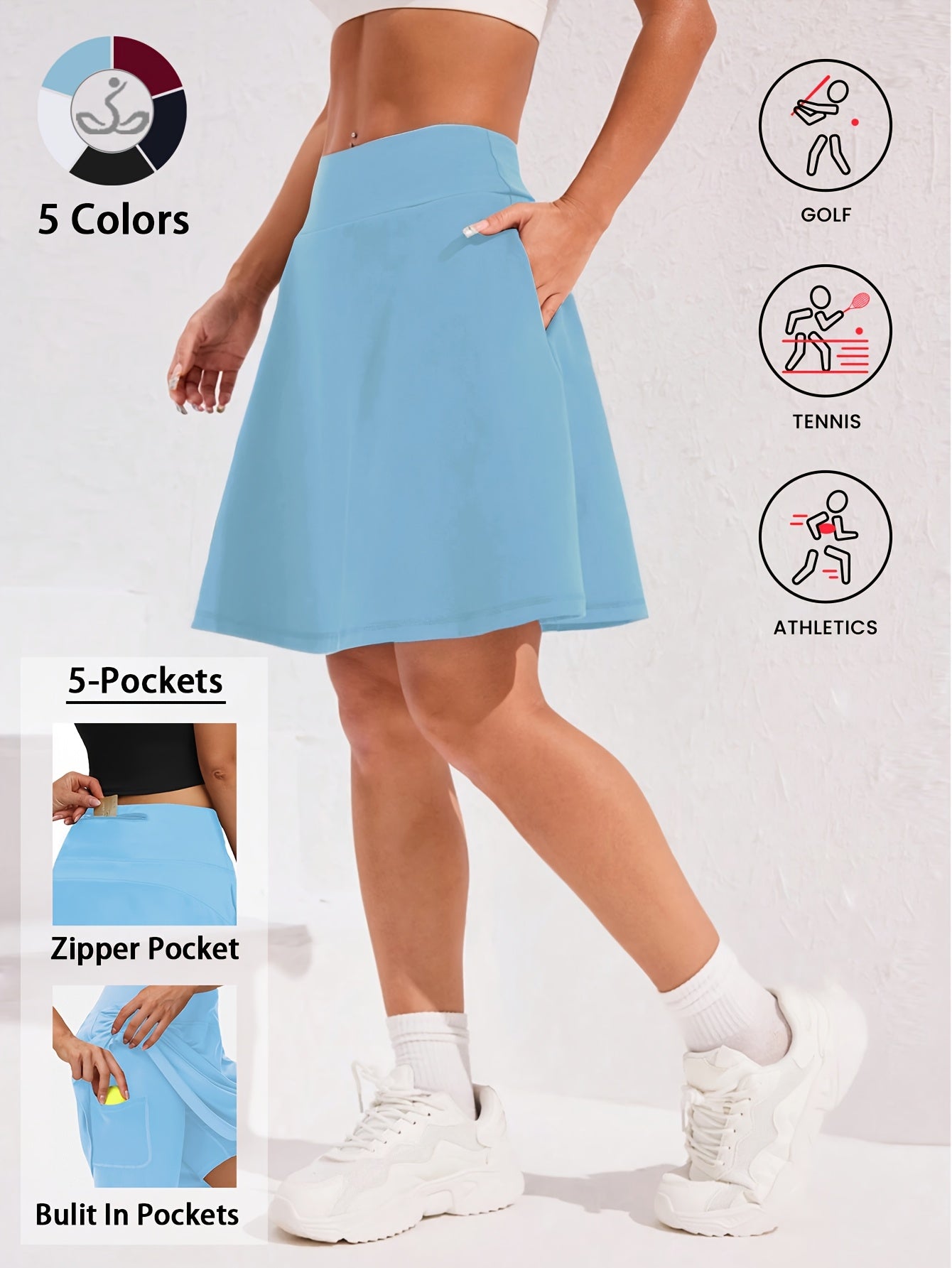 Women's 20-Inch Knee Length Skorts with 5 Pockets – High Waist Athletic Skirt with Built-In Shorts for Tennis, Golf & Pickleball, Long Activewear Skort, Sizes S-XXL, Multiple Colors