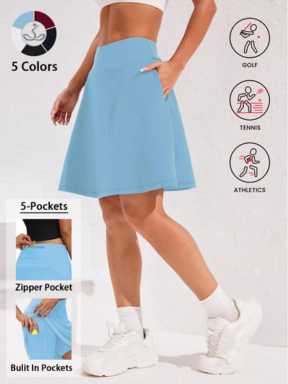 Women's 20-Inch Knee Length Skorts with 5 Pockets – High Waist Athletic Skirt with Built-In Shorts for Tennis, Golf & Pickleball, Long Activewear Skort, Sizes S-XXL, Multiple Colors