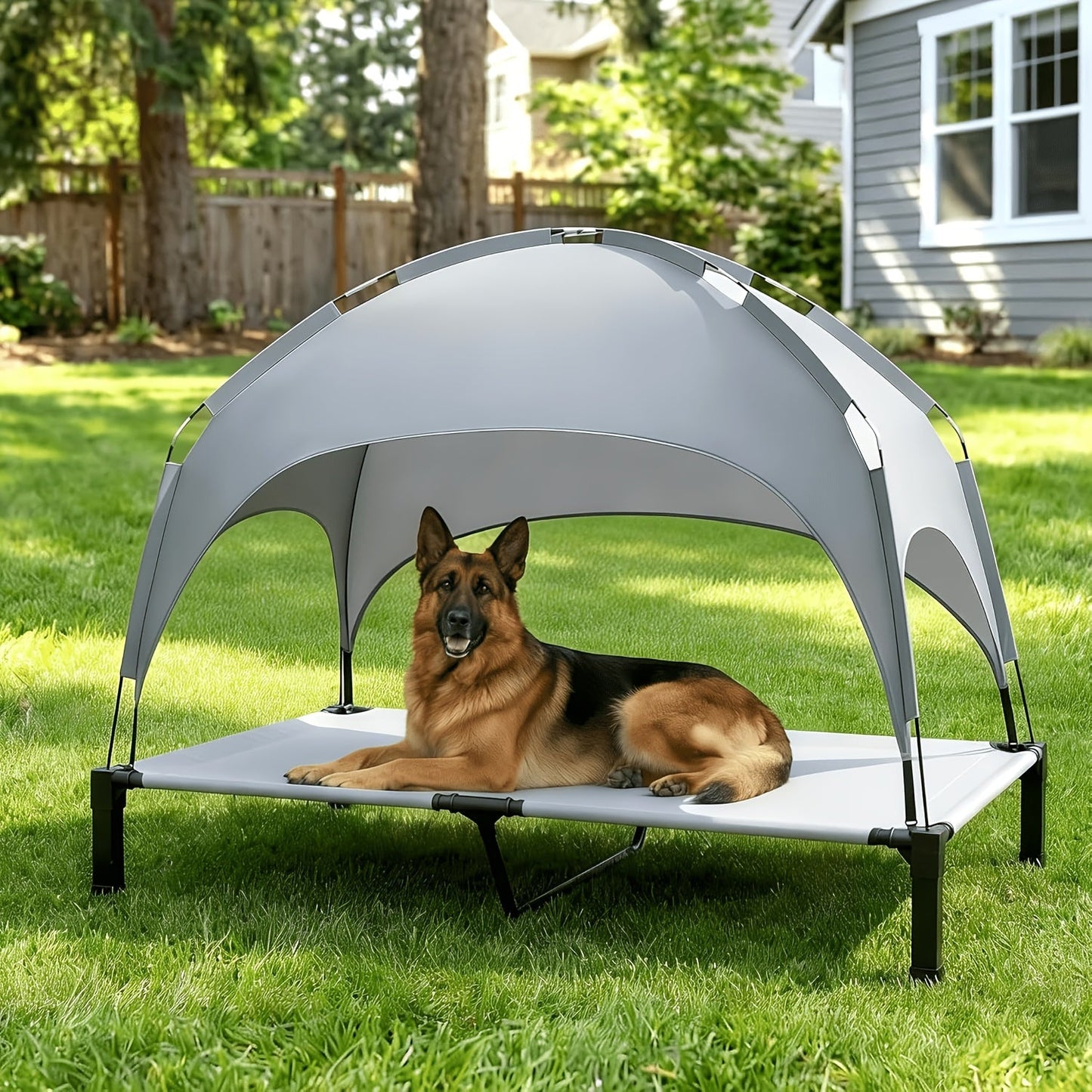 Elevated Dog Bed with Removable Canopy Shade Tent – Portable Raised Outdoor Cooling Pet Cot for Dogs & Cats, Breathable Mesh, Lightweight Foldable Design for Camping, Yard & Patio