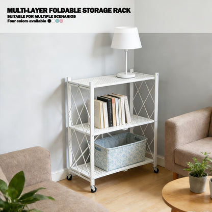 Heavy Duty Folding Storage Rack with Wheels – 3/4/5-Tier Portable Floor-Standing Shelf, No Assembly Required, for Home, Office, Bedroom & Dorm, 4 Colors Available