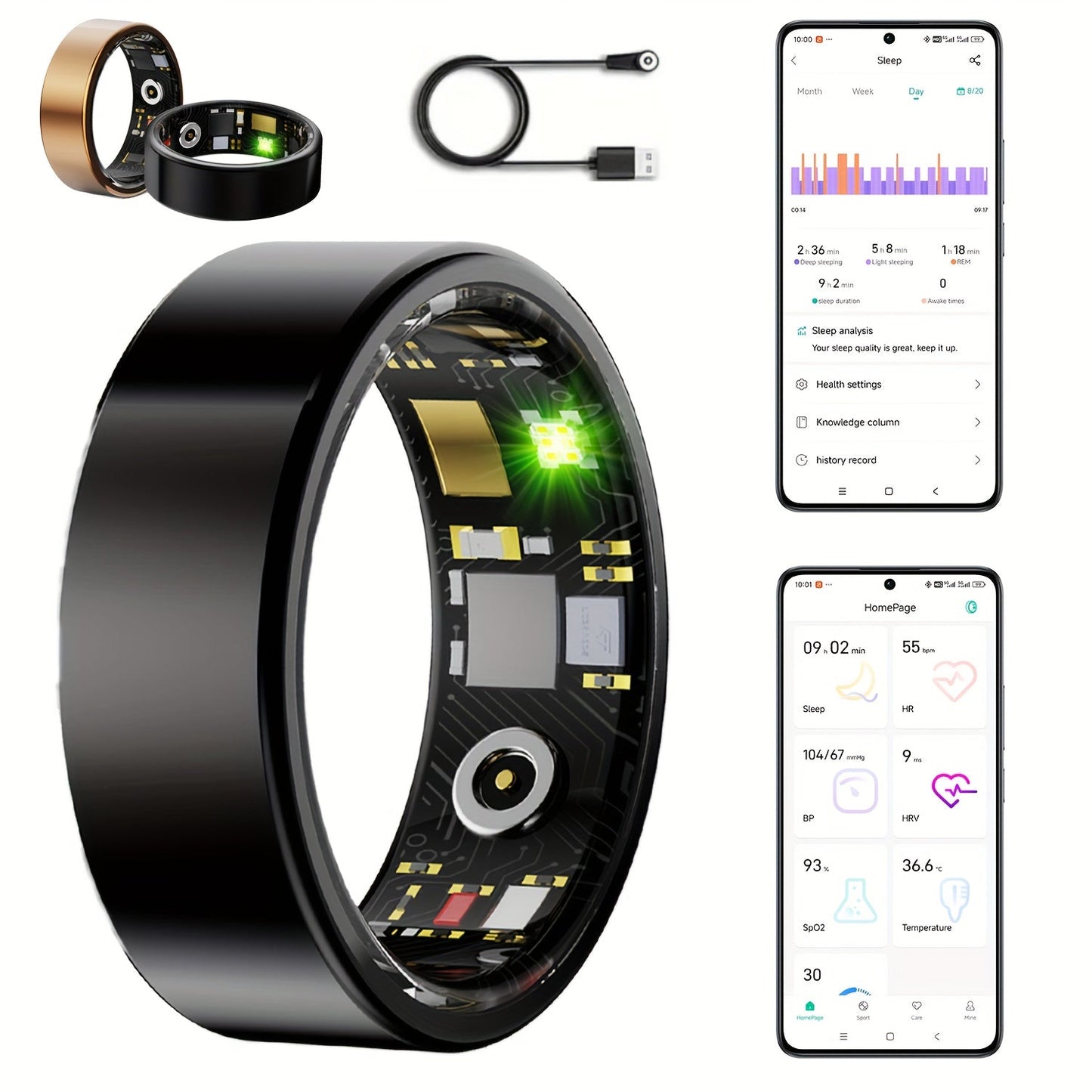 Smart Ring Sleep Tracker Heart Rate Monitor Fitness Wearable, Titanium Alloy Body Bluetooth 5.3, Step Counter Pedometer Distance Tracking, Magnetic Charging, Compatible with iPhone & Android – Black Rose Gold Silver