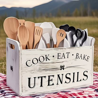 Extra Large Rustic Wooden Utensil Organizer 3-Compartment – Countertop & Wall-Mounted Kitchen Caddy for Cooking & Baking Tools, Heavy-Duty Natural Wood Kitchen Storage Rack