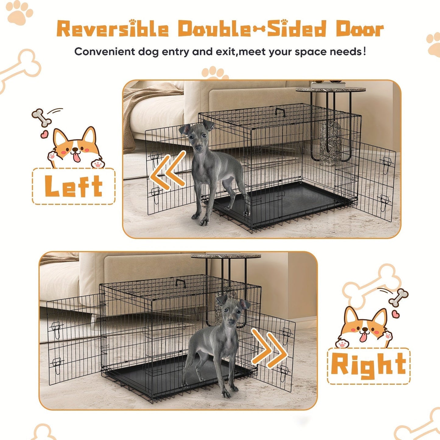 Folding Metal Wire Dog Crate Double Door with Divider Panel Leak-Proof Pan Tray Pet Kennel Indoor Outdoor Travel Small Medium Large XL Dogs 4 Sizes