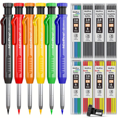 Carpenter Pencil Set with Sharpener & Refills, Heavy Duty Mechanical Woodworking Pencils for Construction, Drafting & Marking, Flat Pencils with Portable Case – 2, 3, 4 or 6 Piece Sets Available