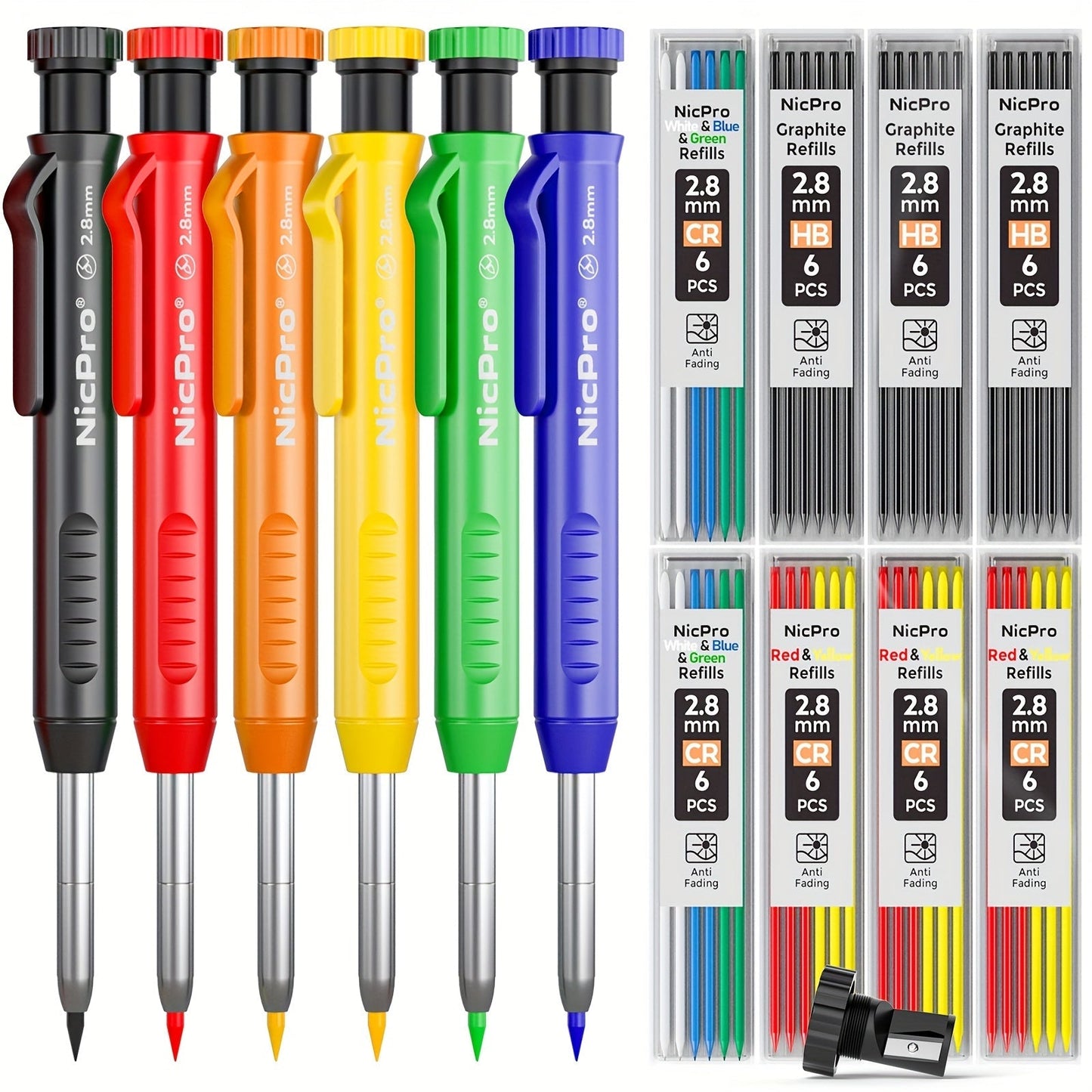 Carpenter Pencil Set with Sharpener & Refills, Heavy Duty Mechanical Woodworking Pencils for Construction, Drafting & Marking, Flat Pencils with Portable Case – 2, 3, 4 or 6 Piece Sets Available
