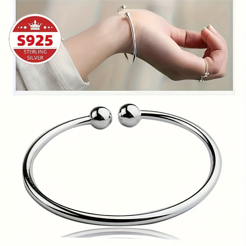 S925 Sterling Silver Pearlescent Bead Open Cuff Bracelet for Women – Adjustable Elegant Fashion Bangle, Hypoallergenic Daily Wear, Perfect Valentine’s Day, Mother’s Day & Birthday Gift