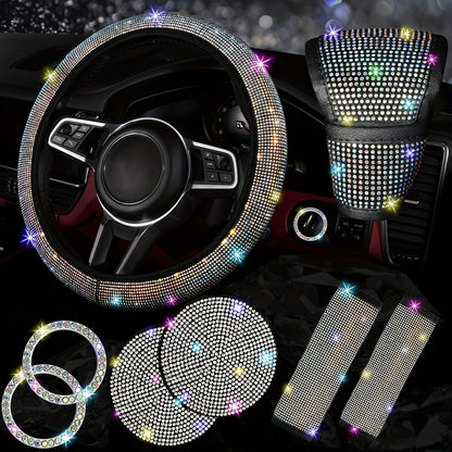 8pc Rhinestone Bling Car Accessories Set for Women – Steering Wheel Cover, Coasters, Seatbelt Pads, Starter Rings & Shift Knob Cover, 7 Colors, Sparkly Glitter Interior Kit