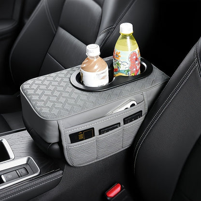 PU Leather Car Center Console Mat & Armrest Box Cover | Universal Fit, 2 Side Pockets, 2 Cup Holders, Phone & Card Storage, Tissue Box Replacement – Black, Grey, Red, Beige, Brown, Cream