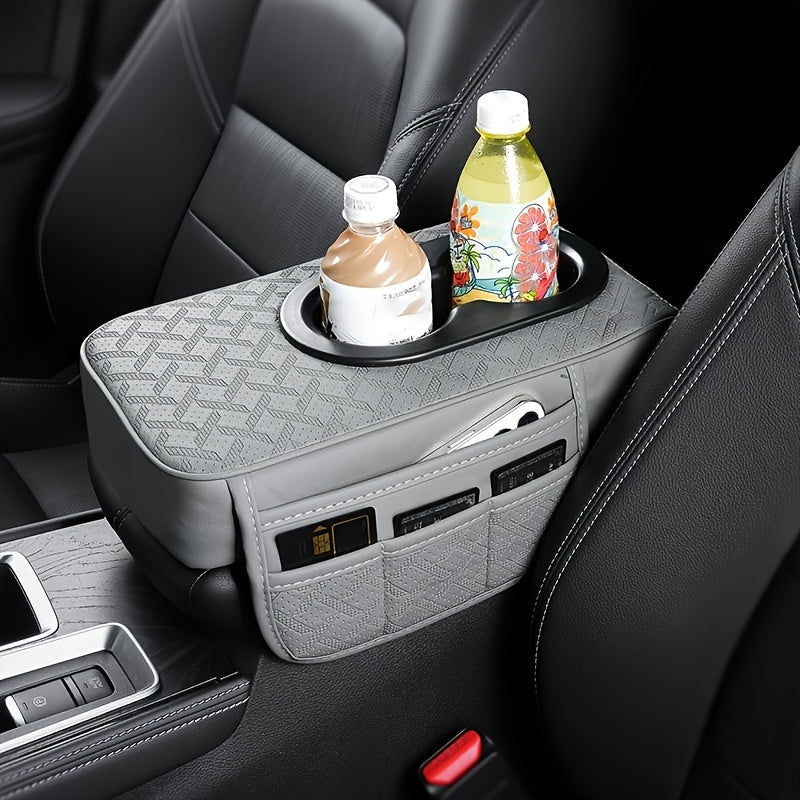PU Leather Car Center Console Mat & Armrest Box Cover | Universal Fit, 2 Side Pockets, 2 Cup Holders, Phone & Card Storage, Tissue Box Replacement – Black, Grey, Red, Beige, Brown, Cream