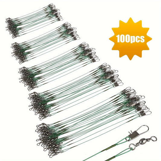 100 Piece Stainless Steel Fishing Line Leaders with Swivels & Snaps – Anti-Bite Wire Trace Leaders, 10–44LB Pull Strength for Saltwater & Freshwater Fishing