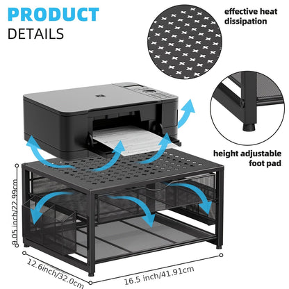 Metal Printer Stand for Desk with Storage Drawer & 2 Pen Holders – 2-Tier Desktop Organizer for Home Office, Multi-Purpose Printer Table for Fax Machine Scanner Files, Wood & Black