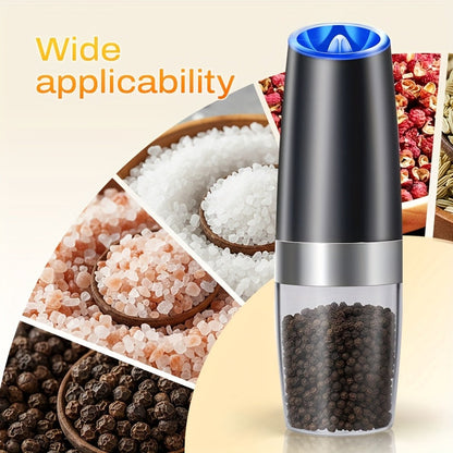 Electric Salt and Pepper Grinder Set 2 Pack – Gravity-Sensing Automatic Mill with LED Light, One-Hand Operation, Adjustable Coarseness, Battery Powered, Black Stainless Steel Kitchen Gift
