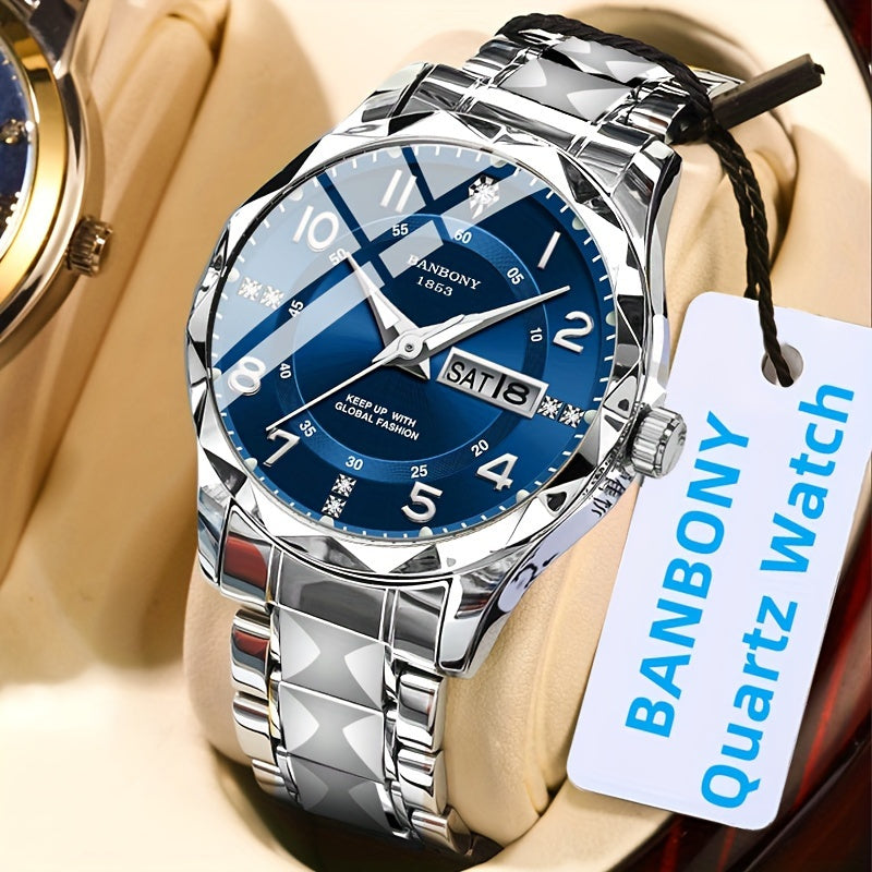Stainless Steel Quartz Watch for Men & Women - Rhinestone Round Dial Luminous Display, Fully Automatic Multifunctional IPX7 Waterproof Wristwatch for Casual Sports, Holiday Birthday Gift