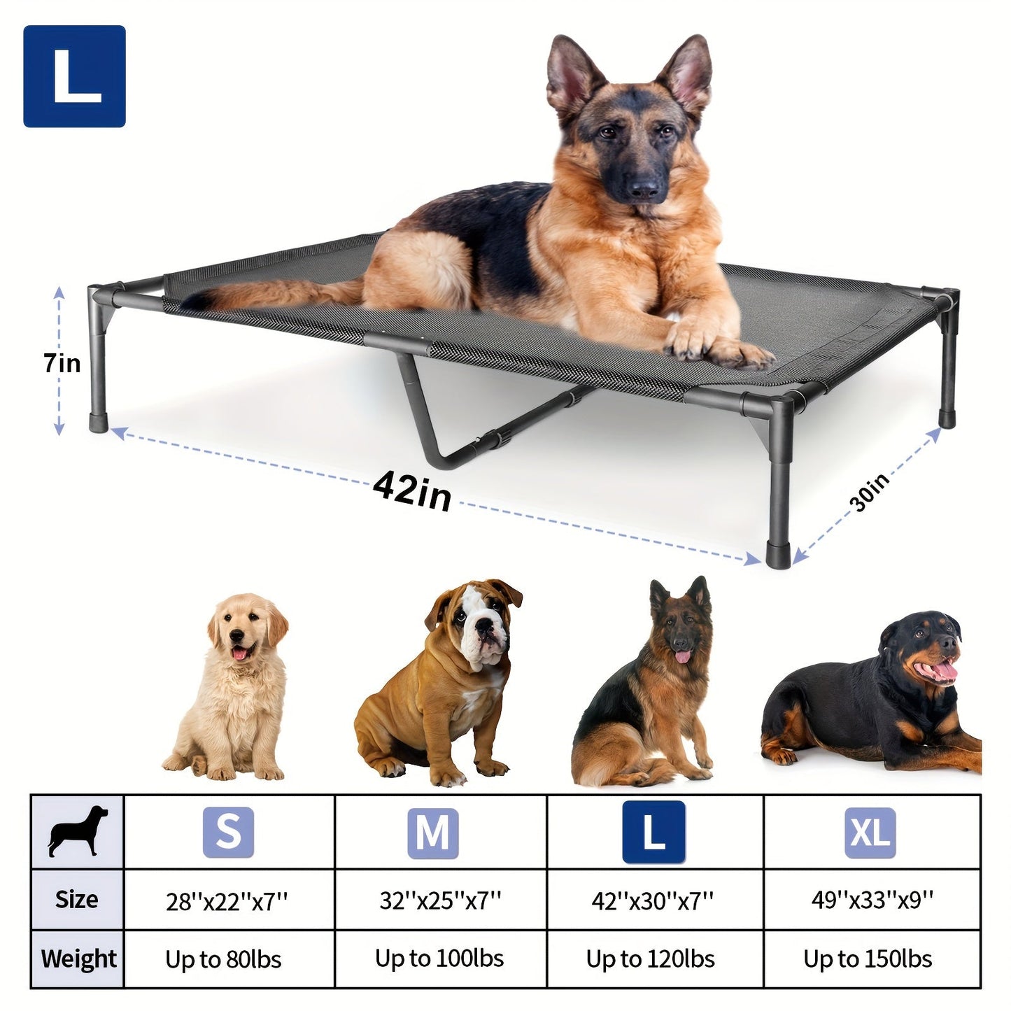 Cooling Elevated Dog Bed & Outdoor Dog Cot - Raised Pet Bed with Washable Breathable Mesh, No-Tool Assembly, Anti-Slip Feet for Large, Medium & Small Dogs, Indoor Outdoor Use