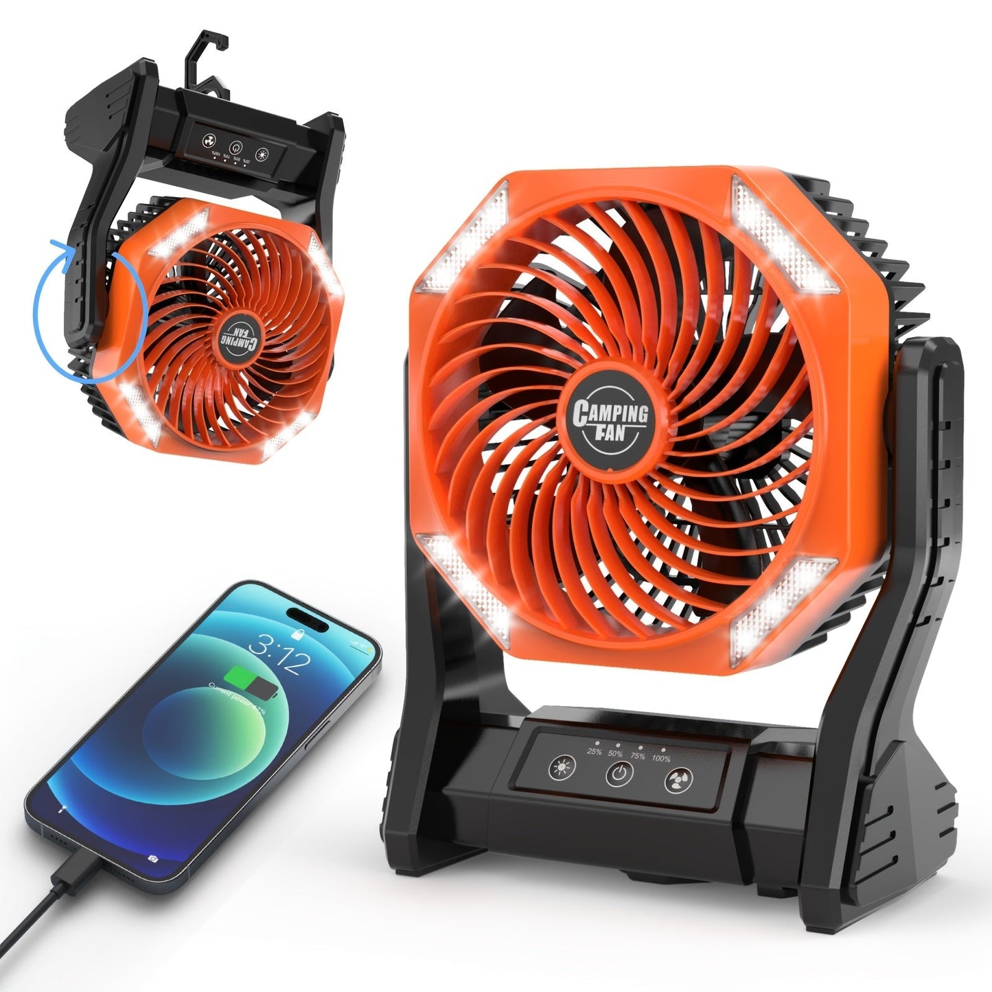 20000mAh Camping Fan with LED Light & Remote Control – 4-Speed Brushless Motor, 180° Oscillating Portable Outdoor Fan, 22-26 Hour Battery Life, 40 LEDs, Timer – for Camping, Hiking, Tent, Emergency & Home Use