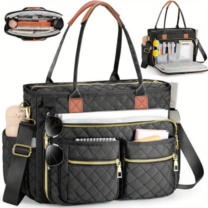 Women's Diamond Pattern Tote Bag – Multi-Compartment Laptop Work Bag, Wear-Resistant Commuter Teacher Bag, Stylish Professional Shoulder Bag for Office, School & Travel