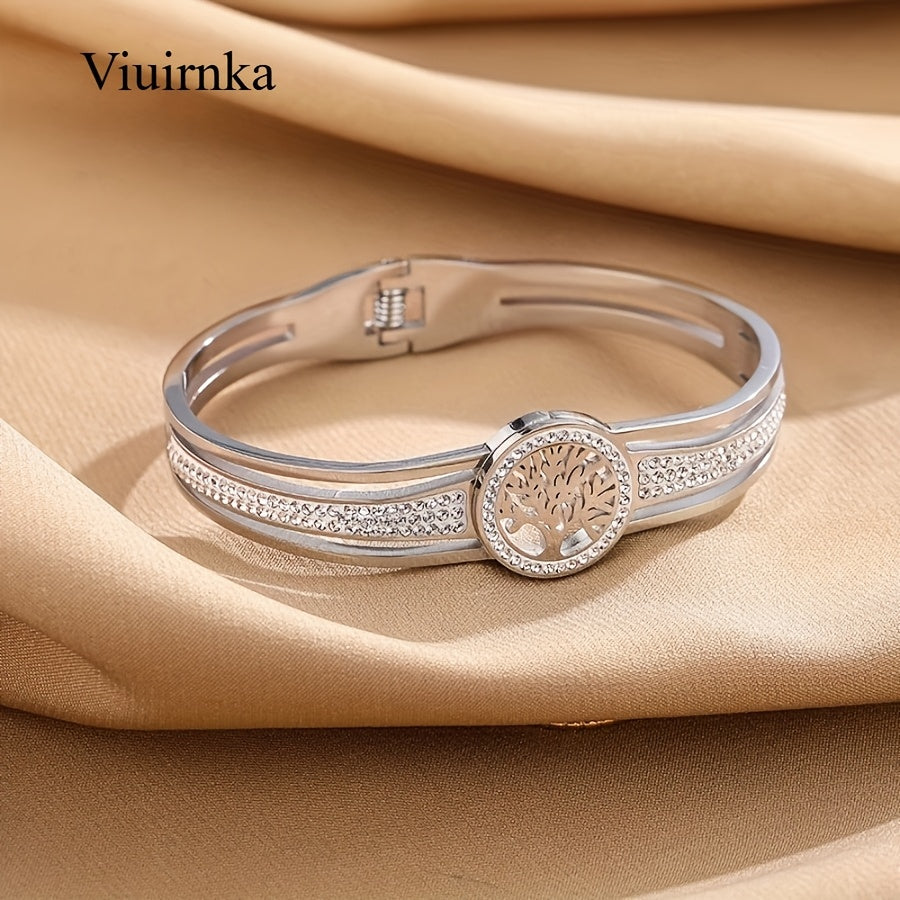 Tree of Life Charm Bangle Bracelet for Women – Stainless Steel Hypoallergenic Cuff, Symbolic Gift for Her, Comes with Gift Box, Steel & Gold Tone
